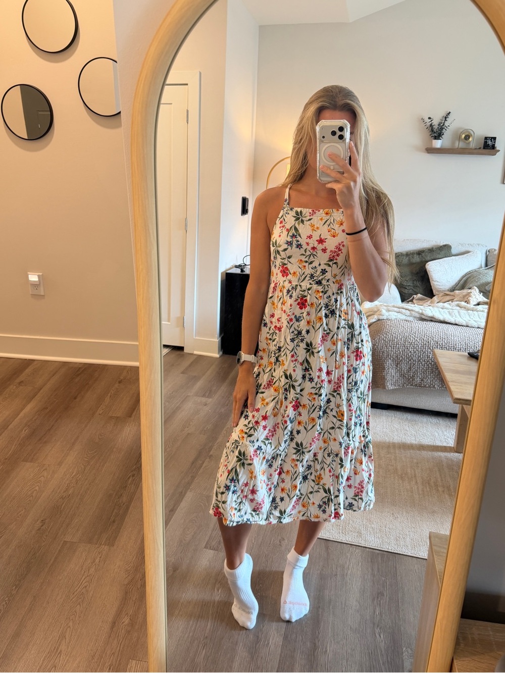 White Floral Midi Dress with Multi-Color Print